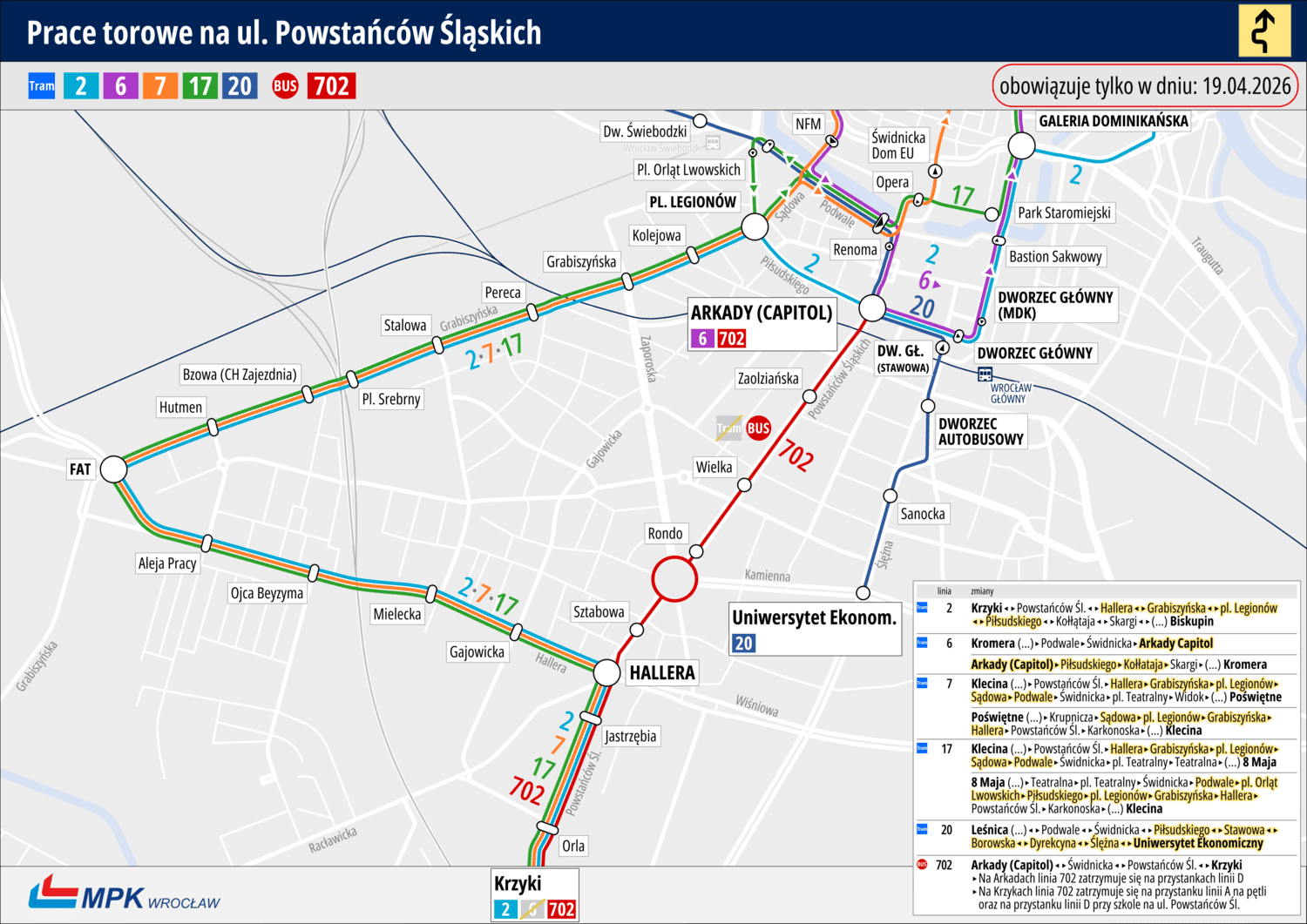Weekendowy remont torowiska na Powstańców Śląskich. Sprawdź zmiany w MPK